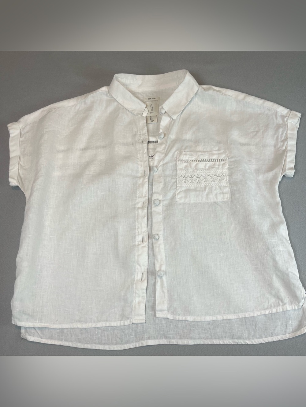 Joie White 100% Linen Lace Detail Button Down Top Large Boho Coastal Luxe